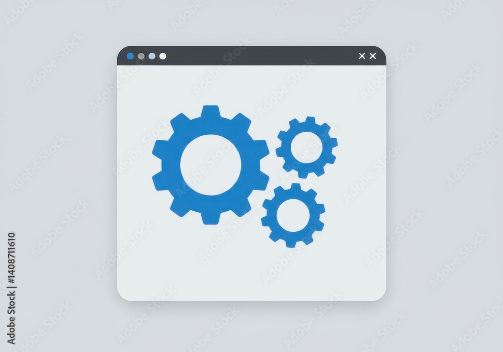 Illustration of a settings window with three blue gears on a light gray background color scheme Illustration of a settings window with three blue gears on a light gray background color scheme
