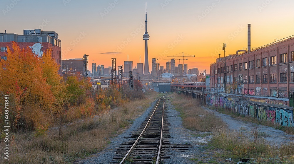 Fototapeta premium Urban railway track at sunset