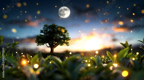Magical moonlit night with glowing fireflies and a lone tree