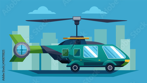 A vertical takeoff and landing VTOL hybrid vehicle combining the convenience of a helicopter with the speed and maneuverability of a jet perfect for quick transport between urban. Vector illustration