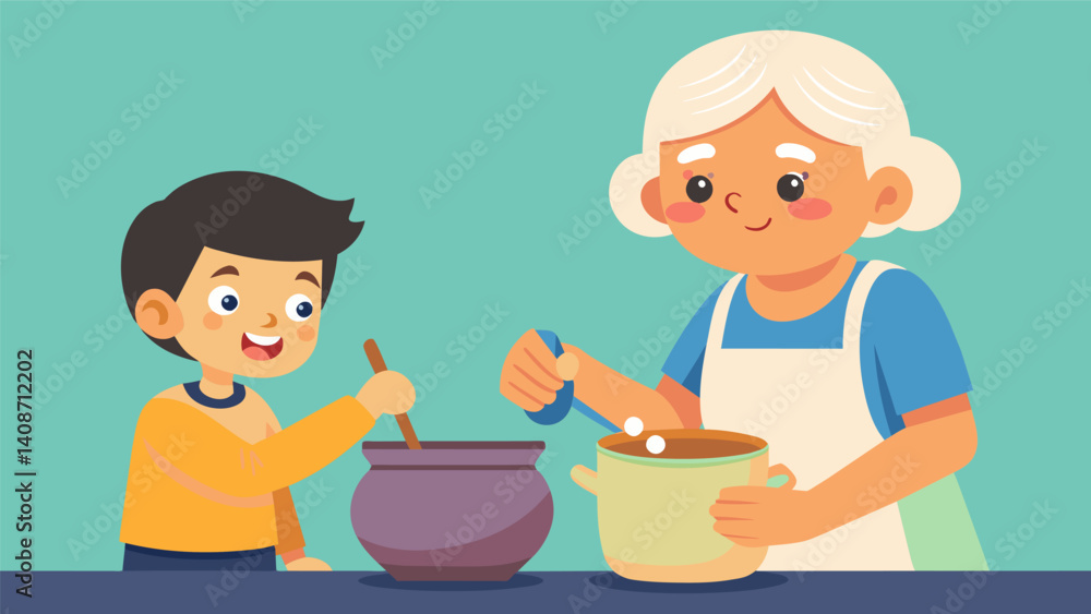 A young boy watches intently as his grandmother carefully stirs a pot of freshly made horchata eagerly awaiting his turn to taste the finished product.. Vector illustration A young boy watches intently as his grandmother carefully stirs a pot of freshly made horchata eagerly awaiting his turn to taste the finished product.. Vector illustration