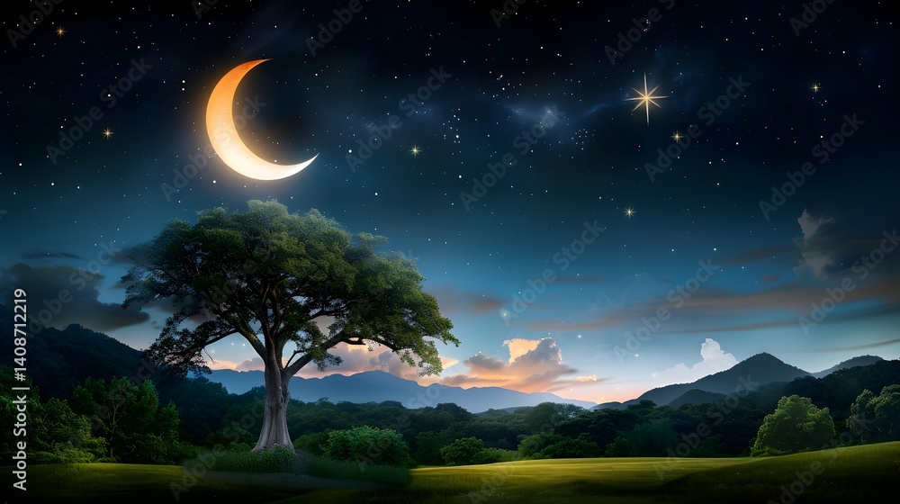 Tranquil night landscape with crescent moon and starry sky