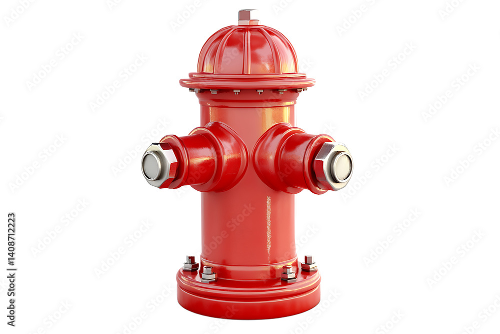Fototapeta premium A shiny red fire hydrant with silver bolts and caps isolated on a black solid background render