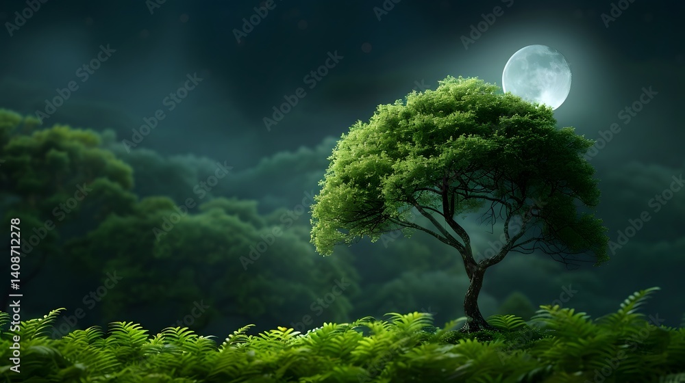 Solitary tree under the moonlit night sky