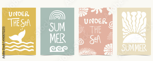 Summer groovy background with tree,fish tail,sun. graphic for a4 vertical design