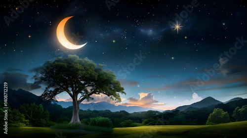 Obraz na płótnie Tranquil night landscape with crescent moon and starry sky w salonie