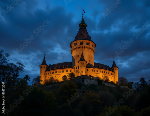 Illuminated Castle at Twilight Majestic Building with Tower