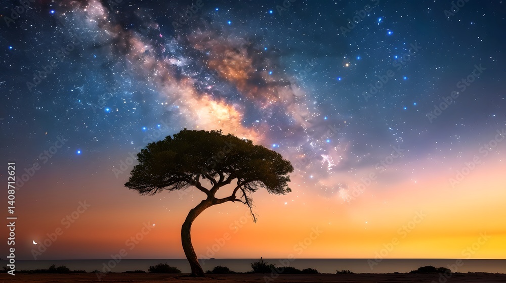 Starry sky and silhouetted tree against the Milky Way