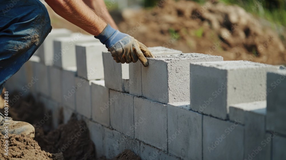 A construction worker aligning concrete blocks for a foundation wall. Featuring strength and precision A construction worker aligning concrete blocks for a foundation wall. Featuring strength and precision