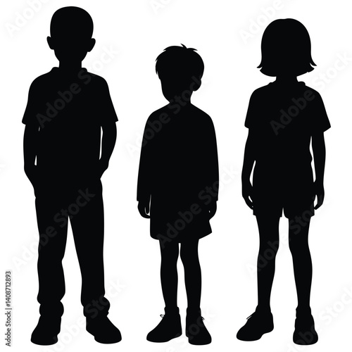 Diverse Children Silhouettes Full Body Isolated on White Background