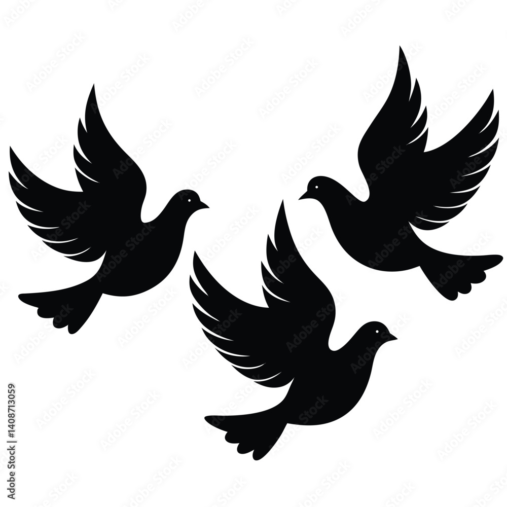 Obraz premium Flying Doves Silhouettes with Spread Wings on Transparent Background, Three Birds