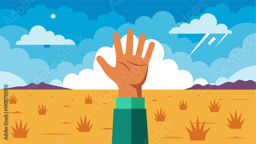 The calloused hand of a farmer reaching towards the sky pleading for rain to quench the cracked earth below.. Vector illustration