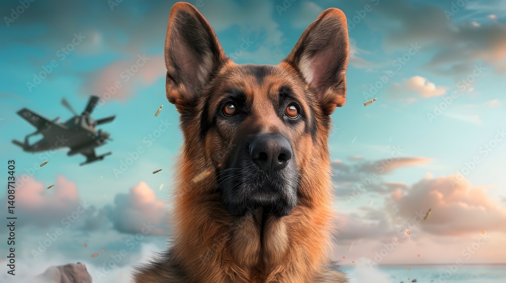 Alert German shepherd dog watches the sky for approaching aircraft