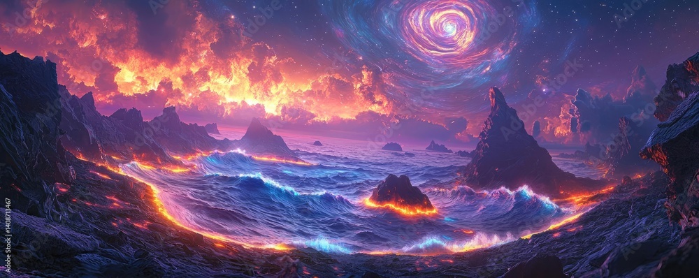 Fototapeta premium Landscape of alien planet inside a universe and fiction cosmos concept. A stunning view of a fiery sea at dusk, with vibrant colors and waves.