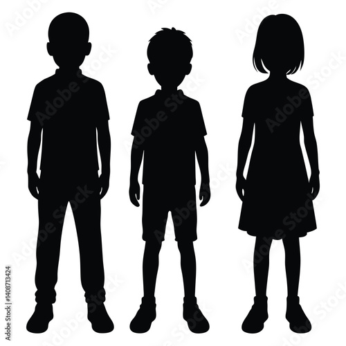 Group Silhouette Child Girl in Dress, Boy in Shorts, Boy in Pants Standing