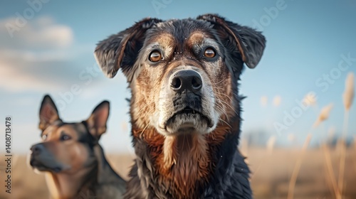 Obraz na płótnie Friendly mixed breed dog in a rural field w salonie