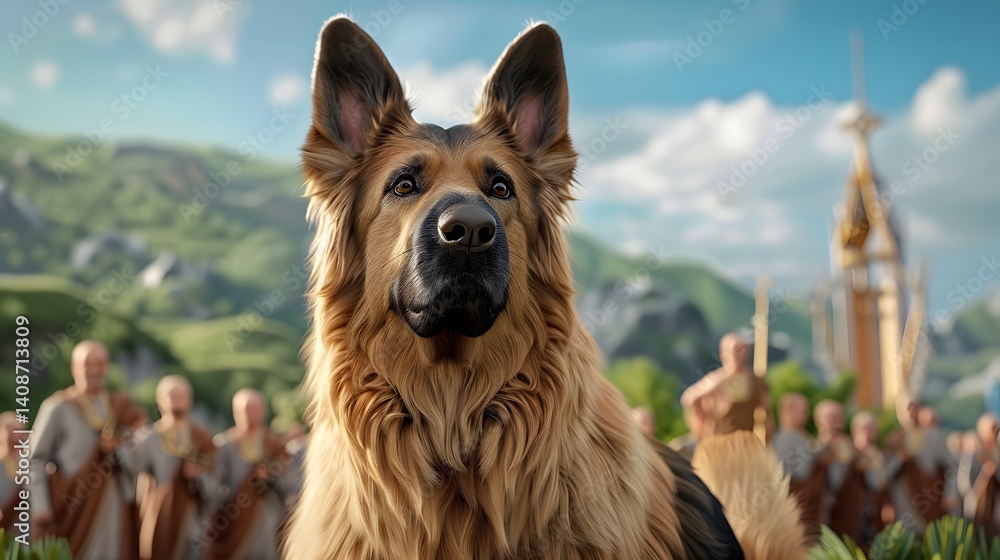A German shepherd dog overlooking a scenic mountain village