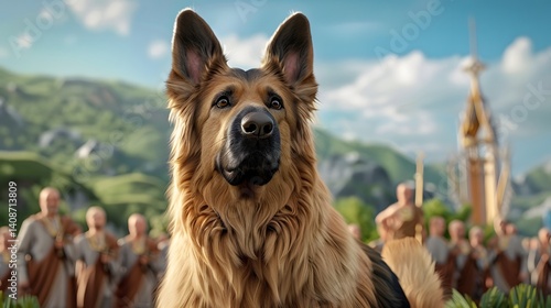 Obraz na płótnie A German shepherd dog overlooking a scenic mountain village w salonie