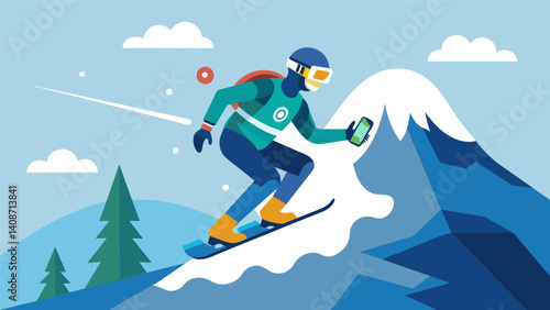 A snowboarder riding down a mountain with sensors in their gear tracking their speed jumps and turns providing data for coaches to assess and finetune techniques.. Vector illustration