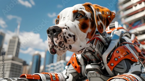 Obraz na płótnie Robotic dog in a futuristic city skyline w salonie