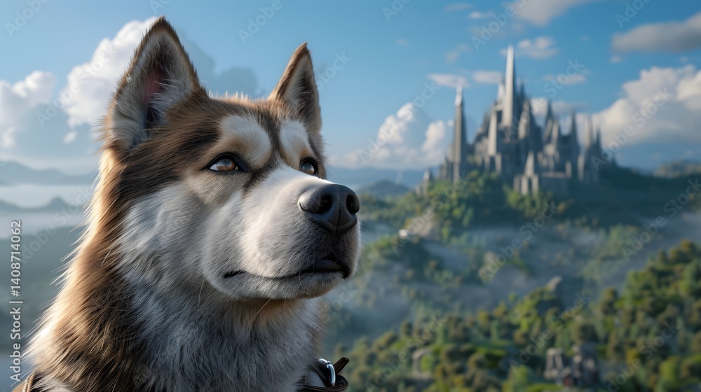 A curious husky gazes out at a majestic fantasy castle in the distance
