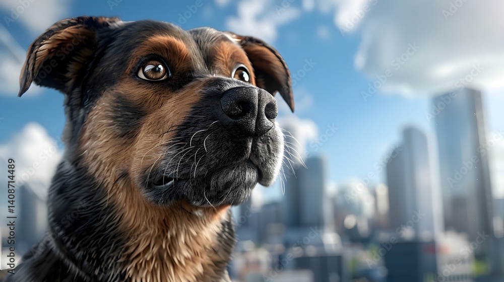 Inquisitive dog in front of urban skyline