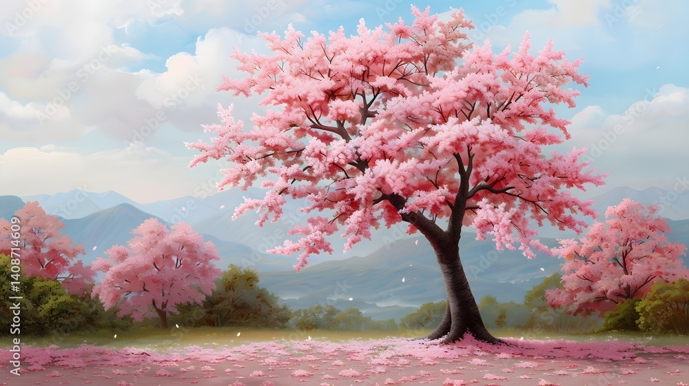 Vibrant pink blooming trees in a serene countryside landscape
