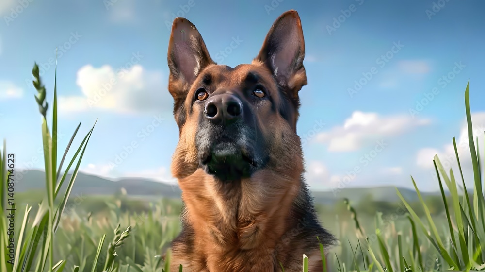 A German Shepherd dog in a grassy field under a blue sky long title A German Shepherd dog sitting