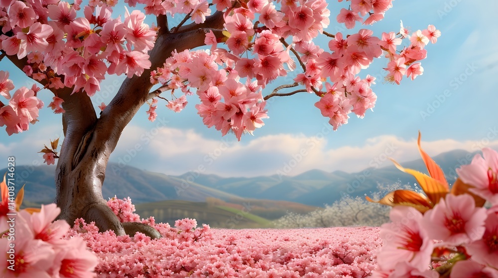 Pink sakura blossoms against a mountain landscape
