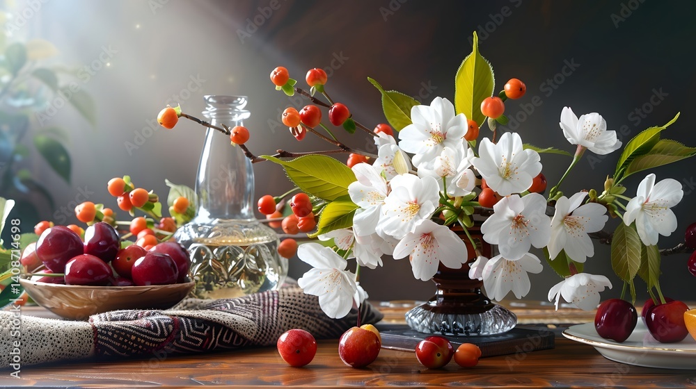 A vibrant floral tabletop still life with cherry blossoms and fruit