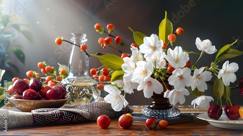 Obraz na płótnie A vibrant floral tabletop still life with cherry blossoms and fruit w salonie