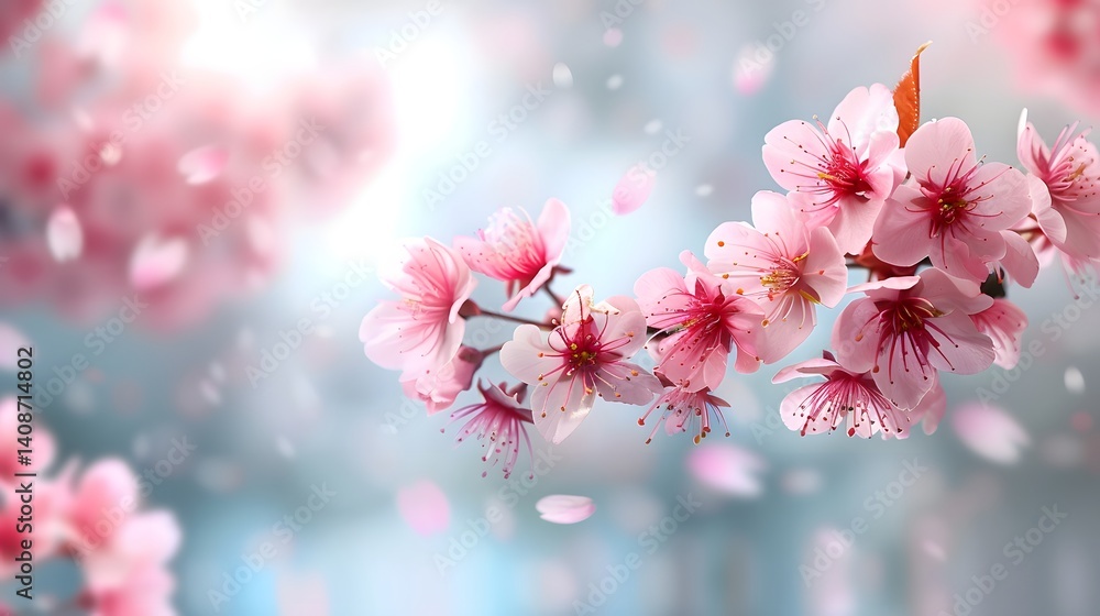 Delicate pink spring blossoms on a tree branch