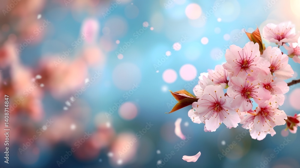 Delicate cherry blossoms in bloom against a soft pastel backdrop