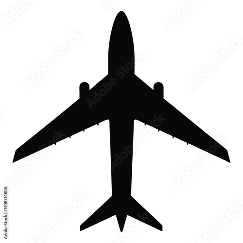 Jet Airplane Top View Silhouette with Detailed Wings on Transparent Background