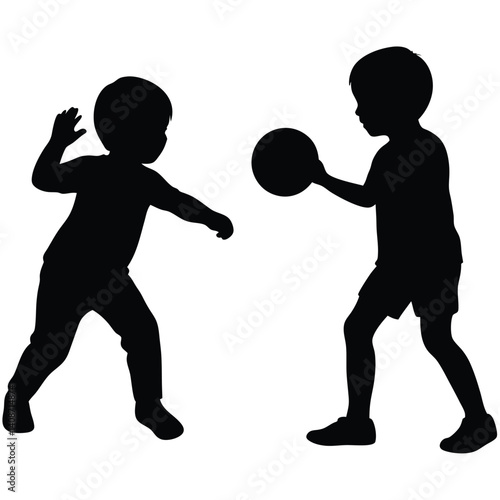 Kids Playing Ball Silhouette, Two Boys Throwing Ball, Childhood Activity, Isolated
