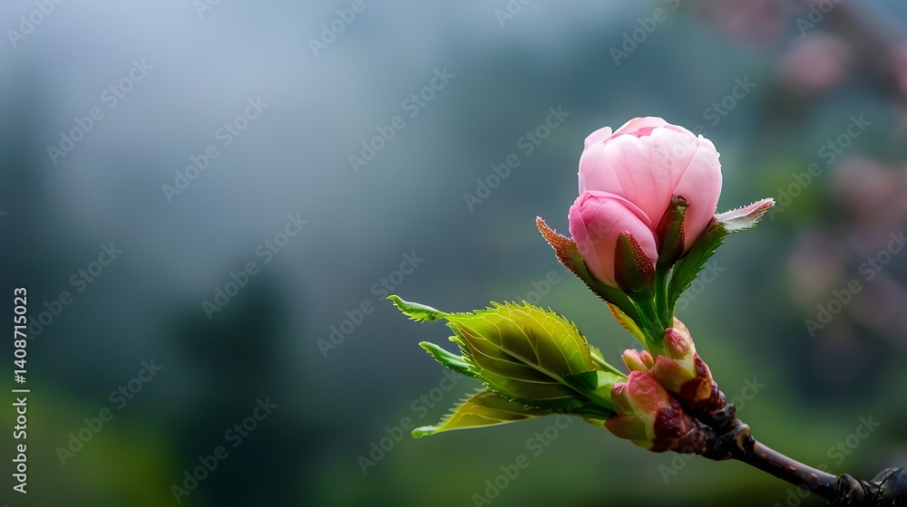 A delicate pink flower bud blooming on a branch