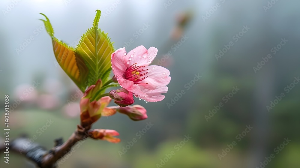 Delicate pink flower blooming on a spring branch
