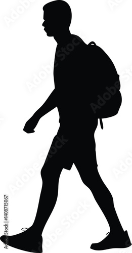Male Silhouette Walking with Backpack on Transparent Background, Shorts and Sneakers