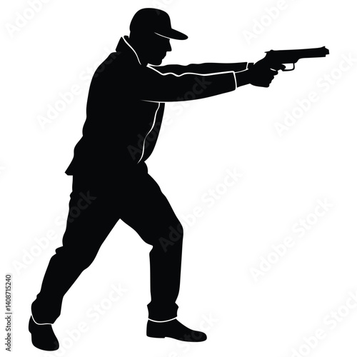 Man Silhouette Holding Firearm Aiming, Wearing Cap and Tracksuit on White