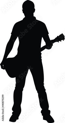 Man Silhouette Holding Guitar in Hand, White Background, Transparent, Standing