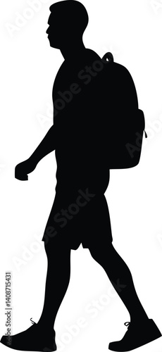 Man Silhouette Walking with Backpack in Shorts on Transparent Background Design