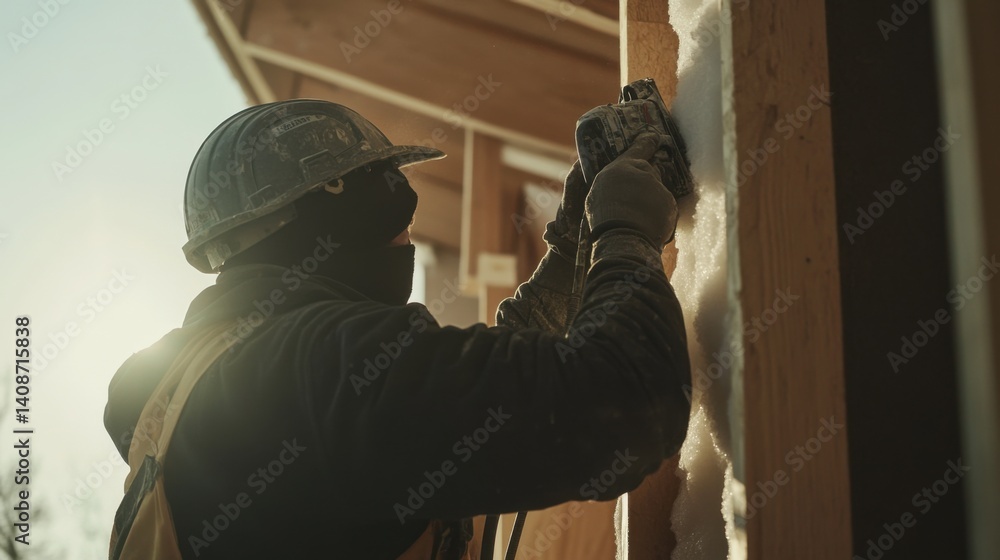 Fototapeta premium A construction worker applying insulation material to a wall. Featuring thoroughness and care