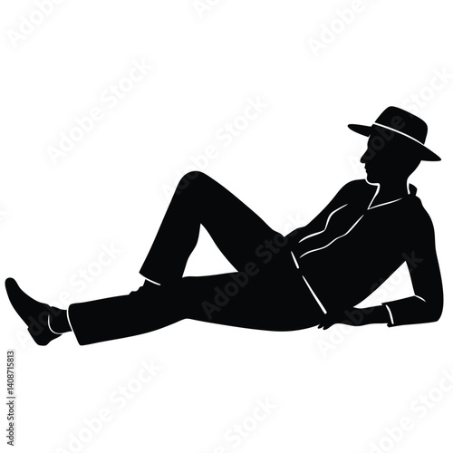 Reclining Man Silhouette Relaxed Figure with Hat on Transparent Background