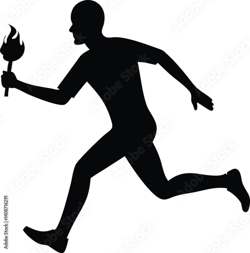 Running Silhouette Figure Holds Flame Torch Isolated on Transparent White Background