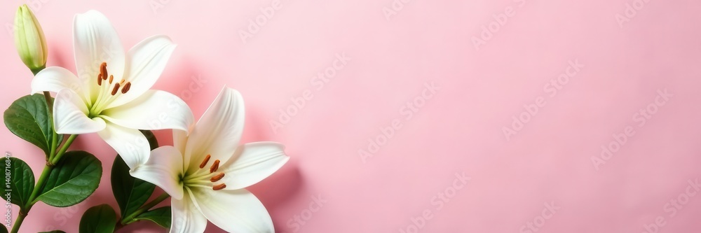 Obraz premium Delicate pink backdrop, white lilies, green ivy, wedding decorations, arch, flowers