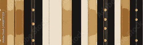 Abstract-vertical-stripes-in-black-cream-and-gold-with-small-circles-along-the-edges-and-three-large-gold-circles-on-a-black-background