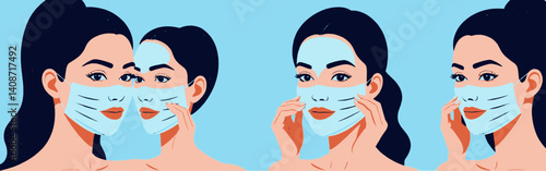 Four_women_wearing_face_masks-bright-blue_background-dark-hair-vivid_red_lips-adjusting_masks-stylized-illustration-health-and_safety