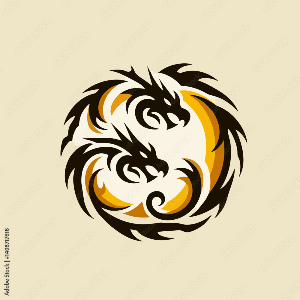 Naklejka premium Circular Twin Dragon Vector Logo Design