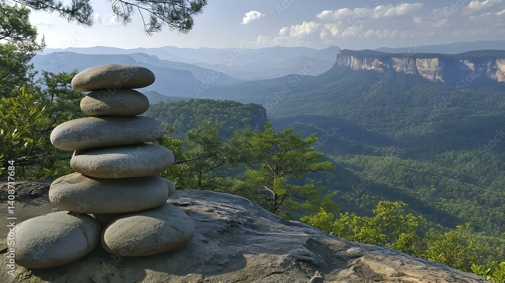 Stacked stones on a mountaintop overlooking a valley Stacked stones on a mountaintop overlooking a valley