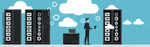 Illustration-of-cloud-computing-with-servers-clouds-gears-and-a-person-using-a-laptop-network-connections-symbolize-data-transfer